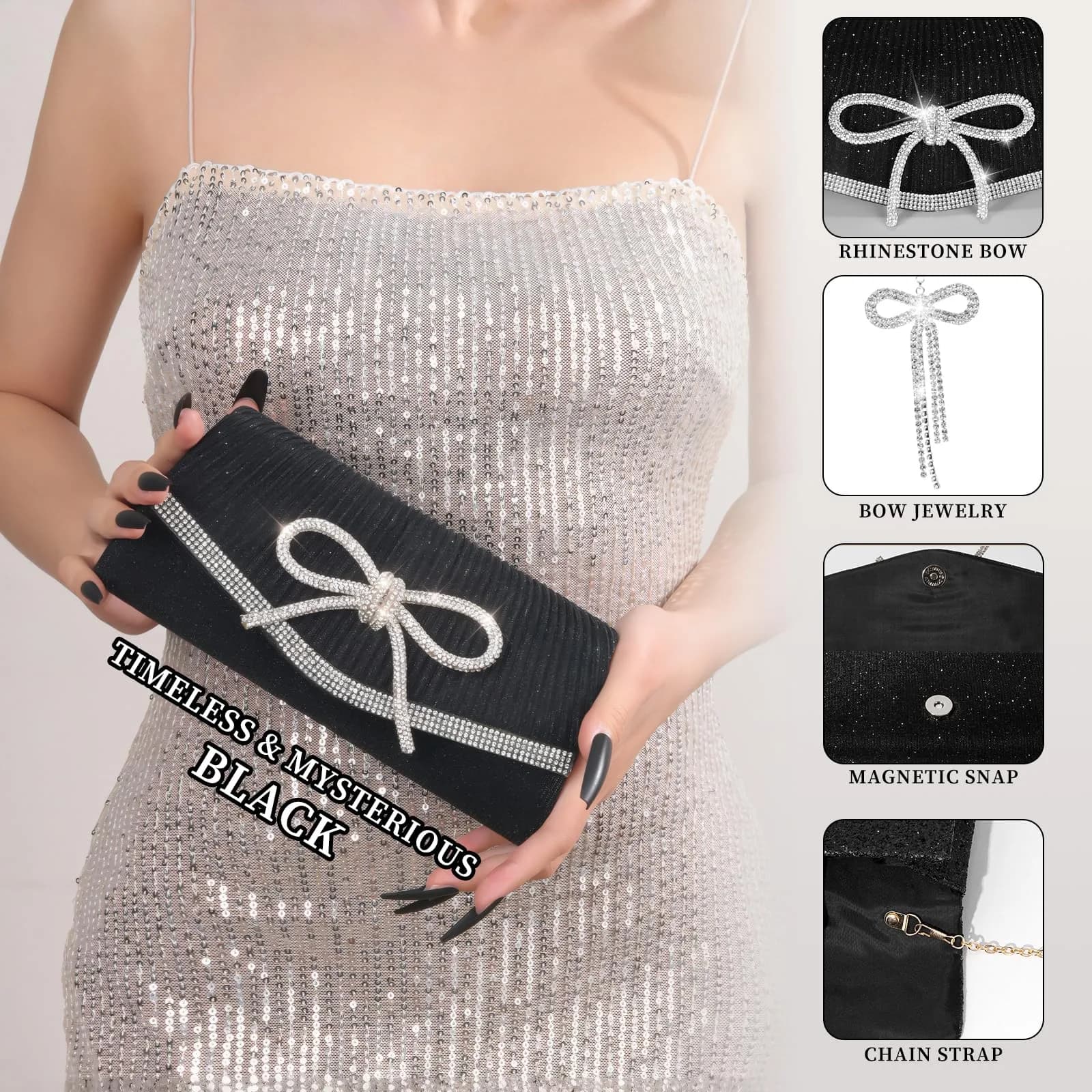 JIAN YA NA Rhinestone Trihedral Clutch Evening Bag with Delicate Black Bow - 11.3cm x 15.5cm - view 3