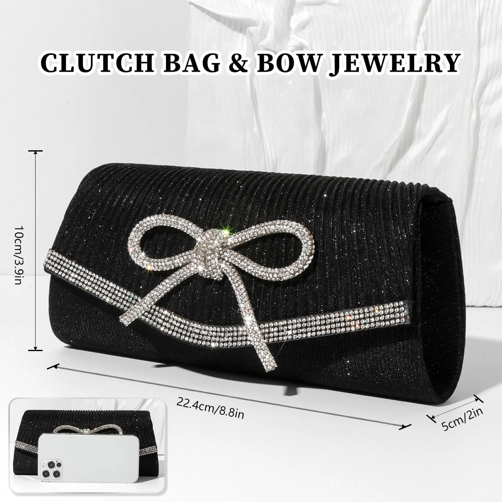 JIAN YA NA Rhinestone Trihedral Clutch Evening Bag with Delicate Black Bow - 11.3cm x 15.5cm - view 4
