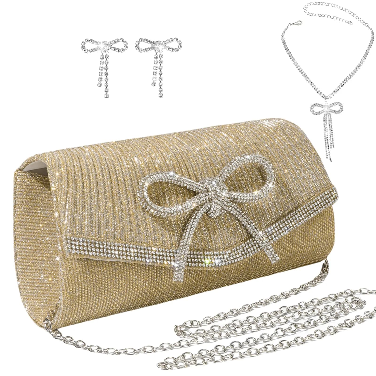 JIAN YA NA Delicate Gold Bow Rhinestone Clutch Evening Bag 8.8"x3.9"x2" | Bling Zipper Wedding Purse - main product image