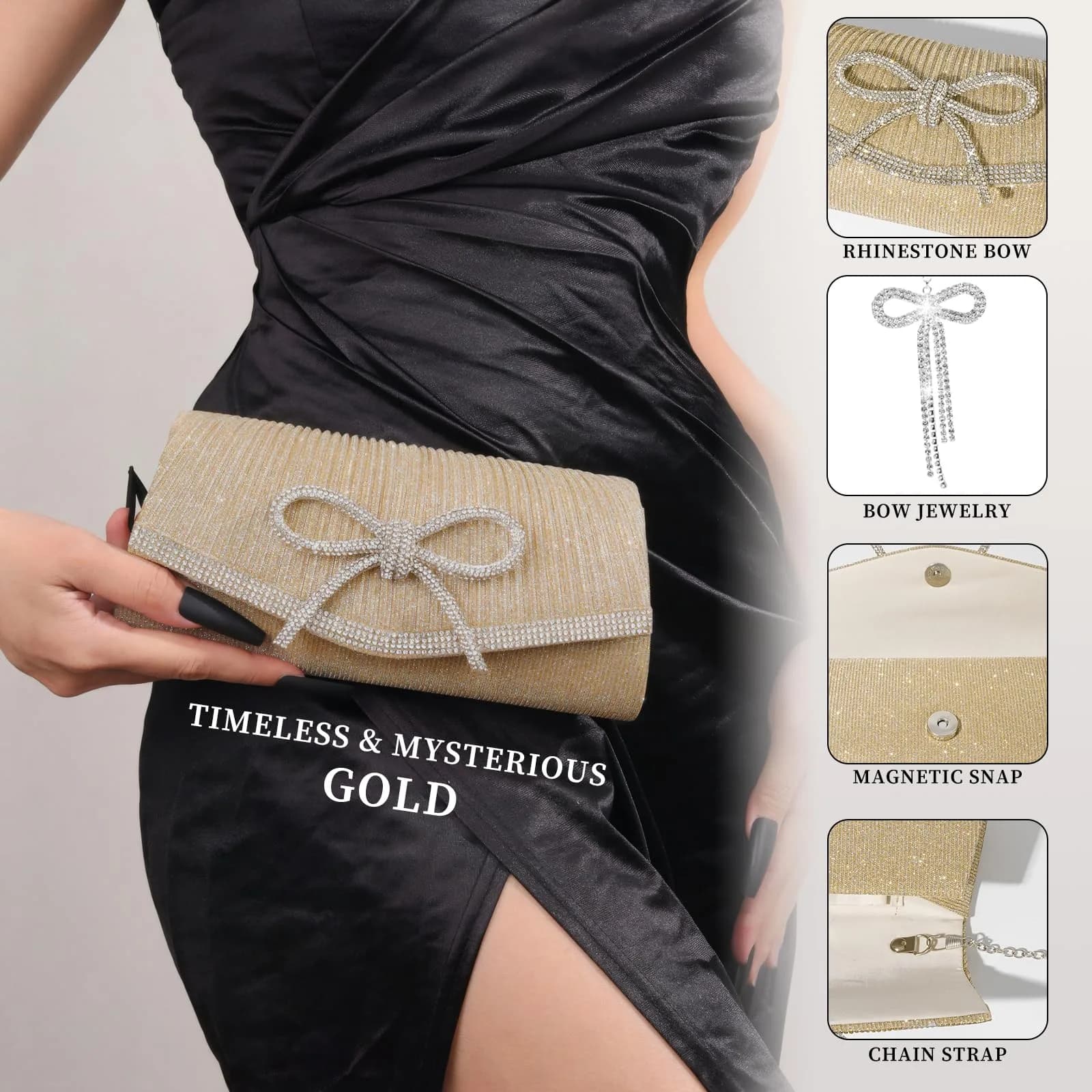 JIAN YA NA Delicate Gold Bow Rhinestone Clutch Evening Bag 8.8"x3.9"x2" | Bling Zipper Wedding Purse - view 3