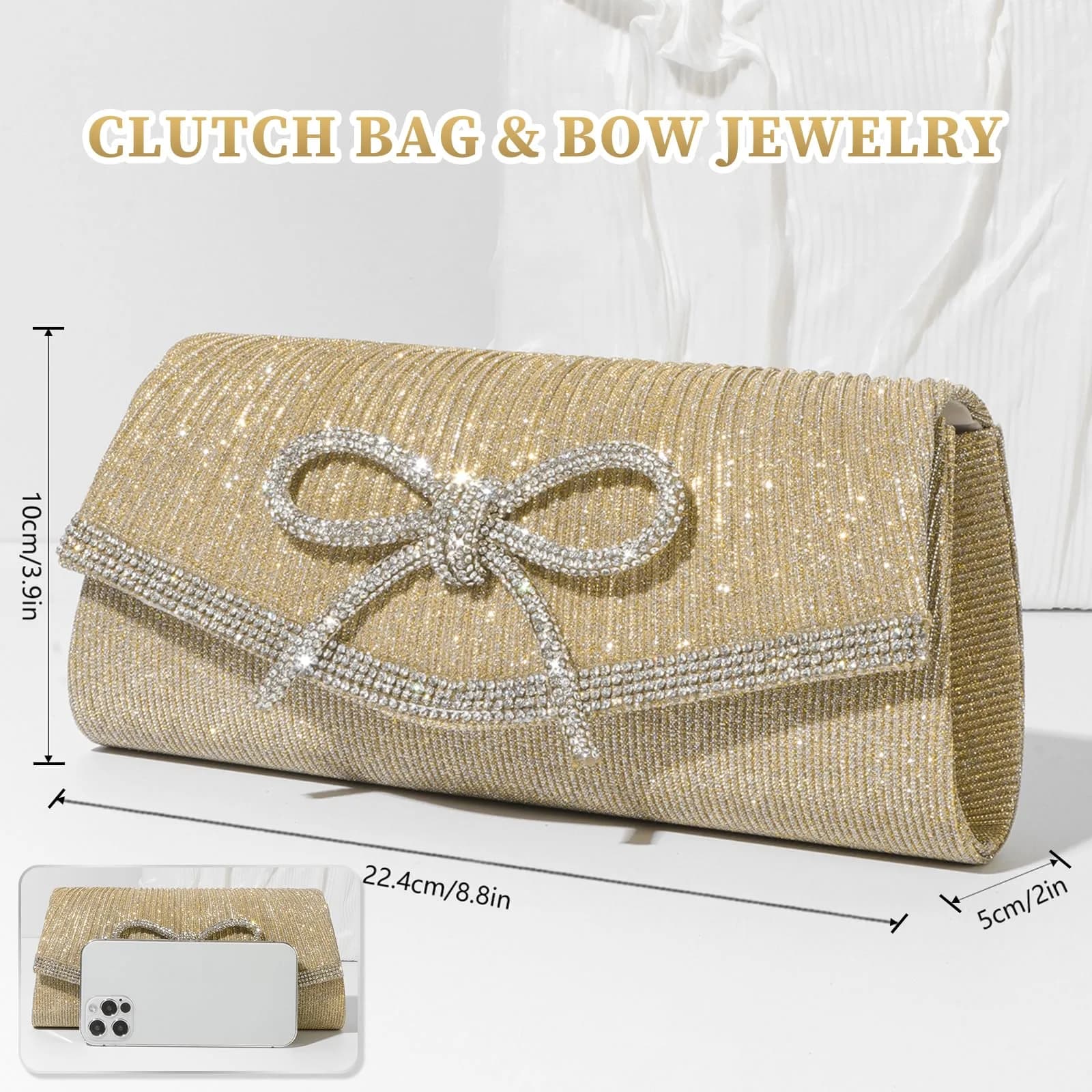 JIAN YA NA Delicate Gold Bow Rhinestone Clutch Evening Bag 8.8"x3.9"x2" | Bling Zipper Wedding Purse - view 4