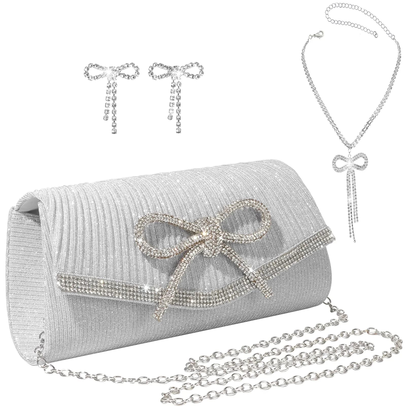JIAN YA NA Rhinestone Trihedral Clutch Evening Bag - Delicate Silver Bow - main product image