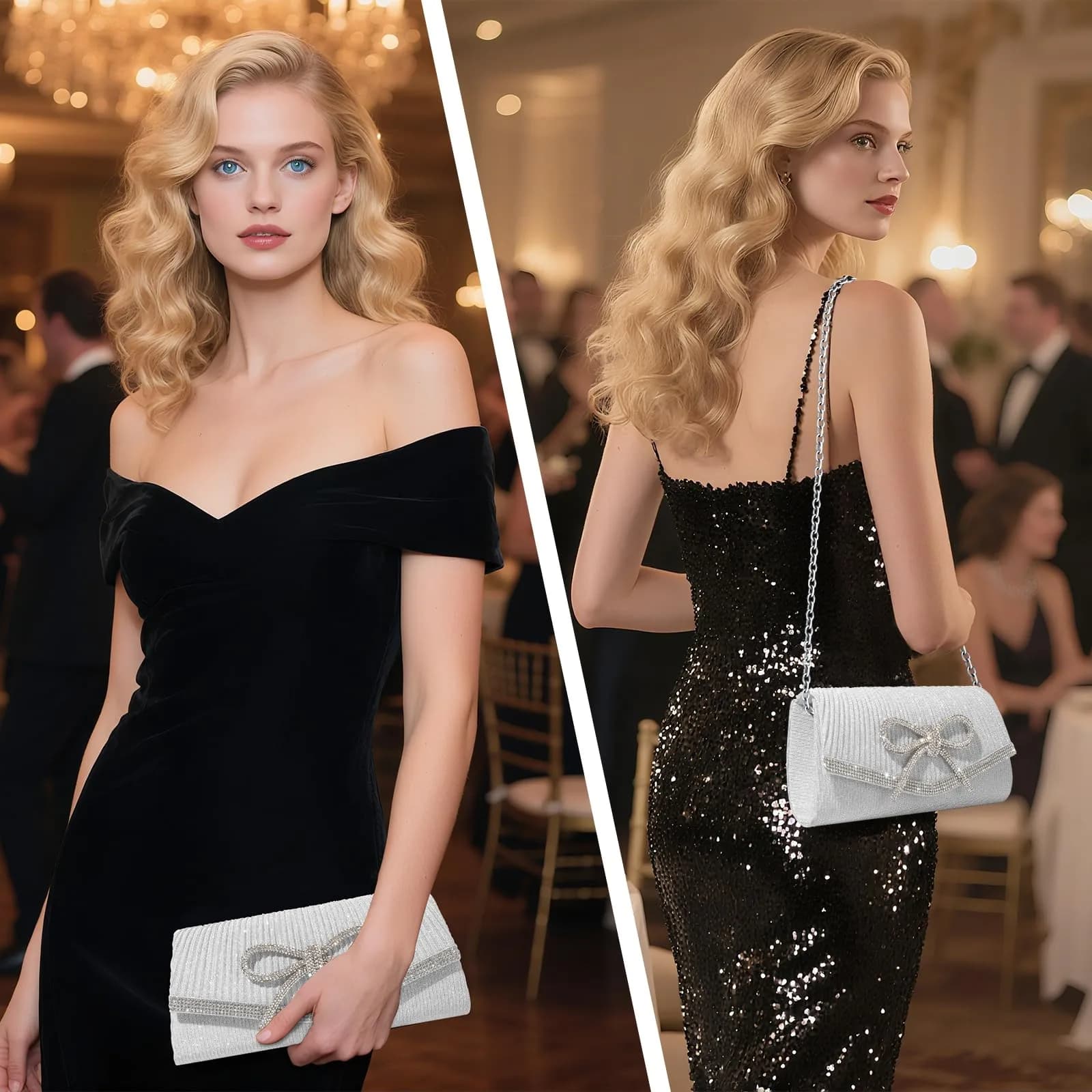 JIAN YA NA Rhinestone Trihedral Clutch Evening Bag - Delicate Silver Bow - view 2