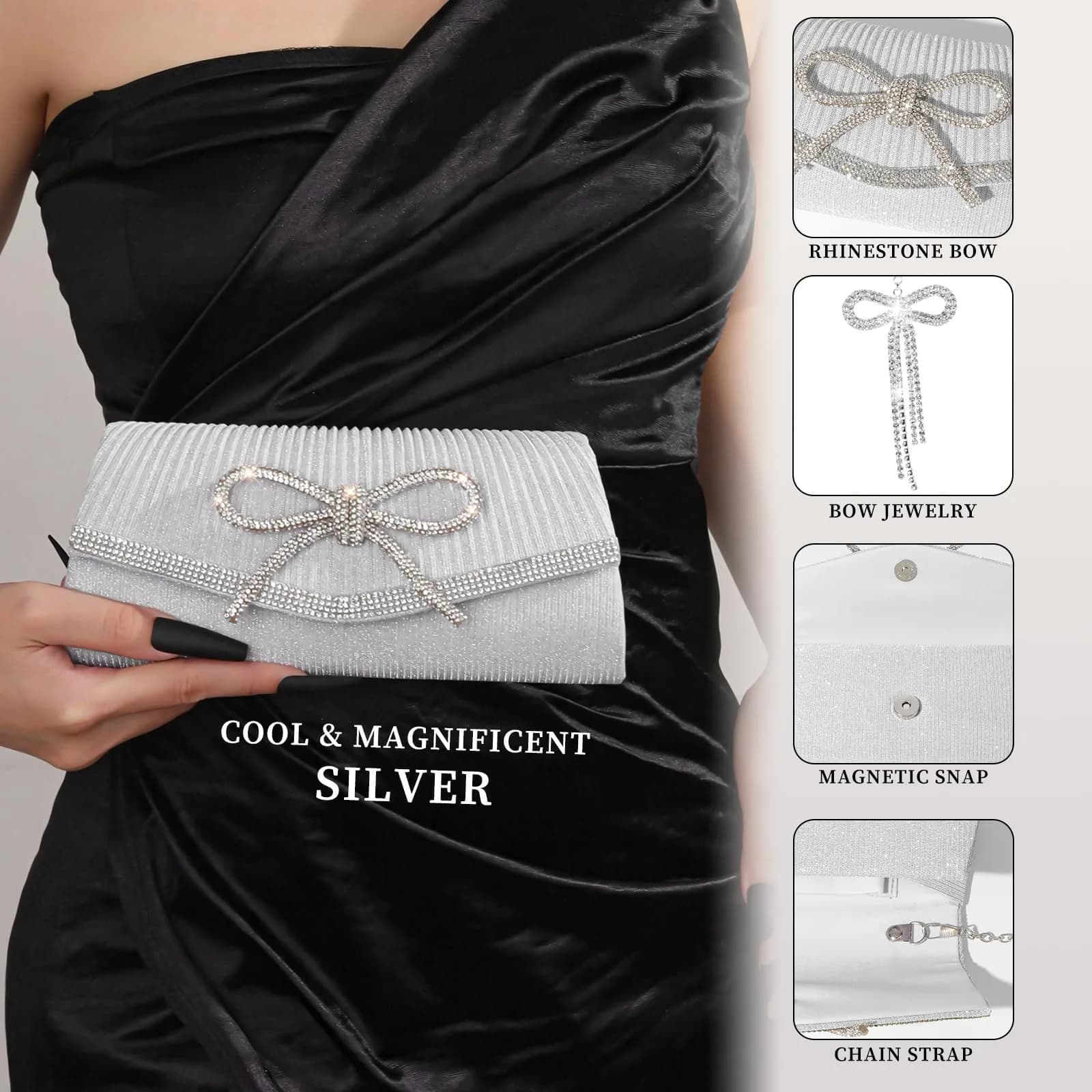 JIAN YA NA Rhinestone Trihedral Clutch Evening Bag - Delicate Silver Bow - view 3