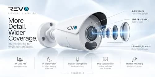 REVO Ultra Blue Series 4K (8 Megapixel) H.265 Indoor/Outdoor IR Bullet Camera with Built-in Mic & 60FT CAT5e Cable | 4K Security Camera for Home & Business thumbnail 4