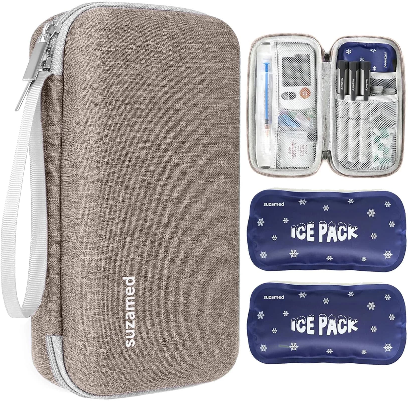 suzamed Insulin Cooler Travel Case, 2x150g Ice Pack TSA Approved, Brown | Portable Diabetes Travel Organizer — Brown
