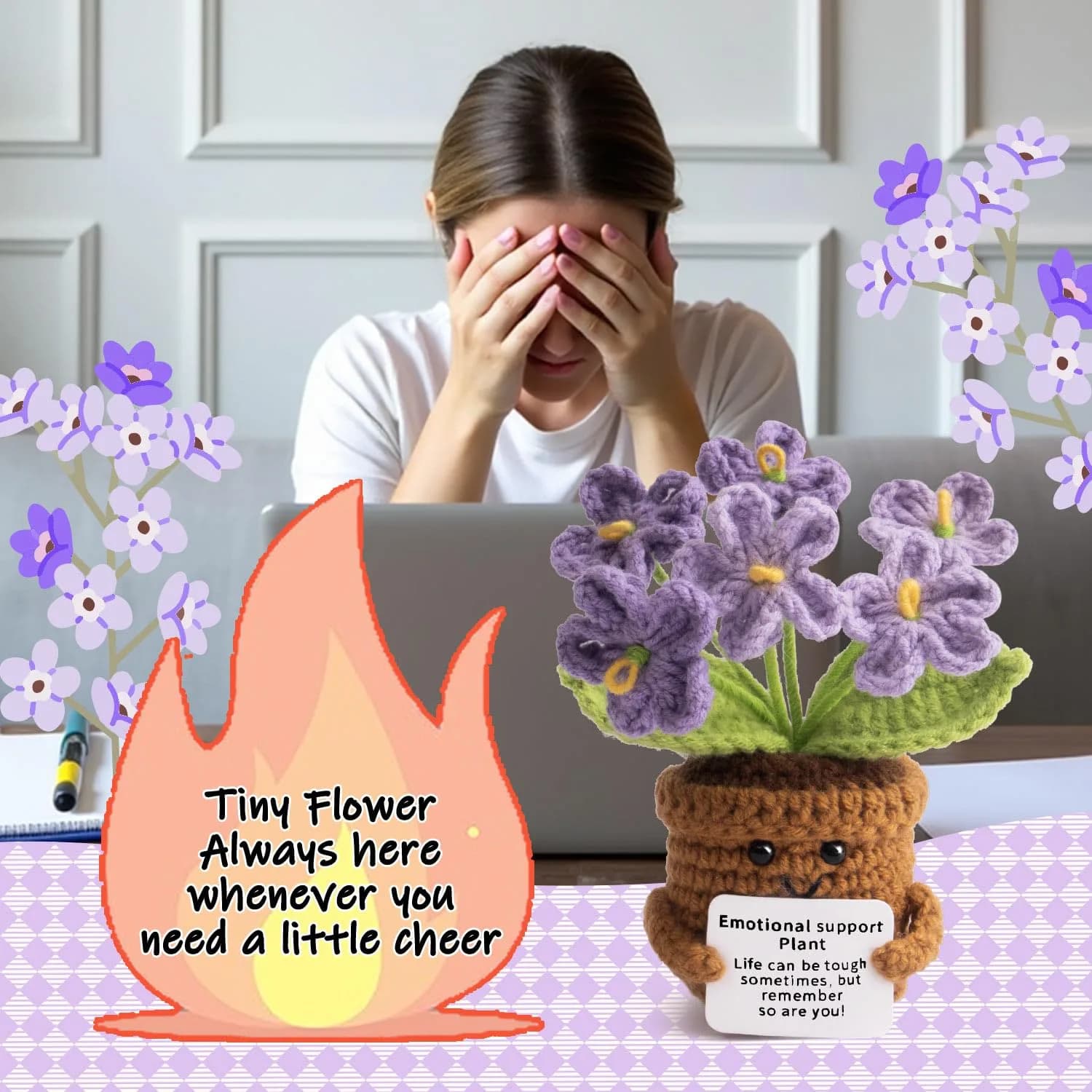 MS ZHENQIAO Emotional Support Crochet Plant Doll with Positive Card, Handmade Funny Knitting Toy Decor - view 5