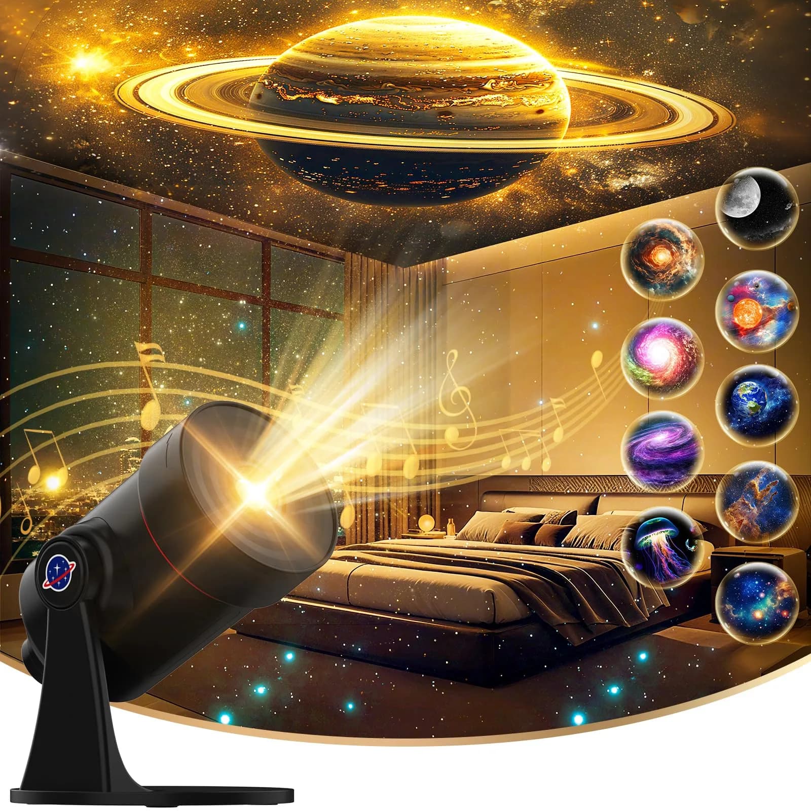 VanSmaGo Galaxy Projector with 28 Soothing Sounds & 10 Film Slides, 15.8cm x 14.5cm x 12.5cm | HD Starry Sky Projection for Adults — Black