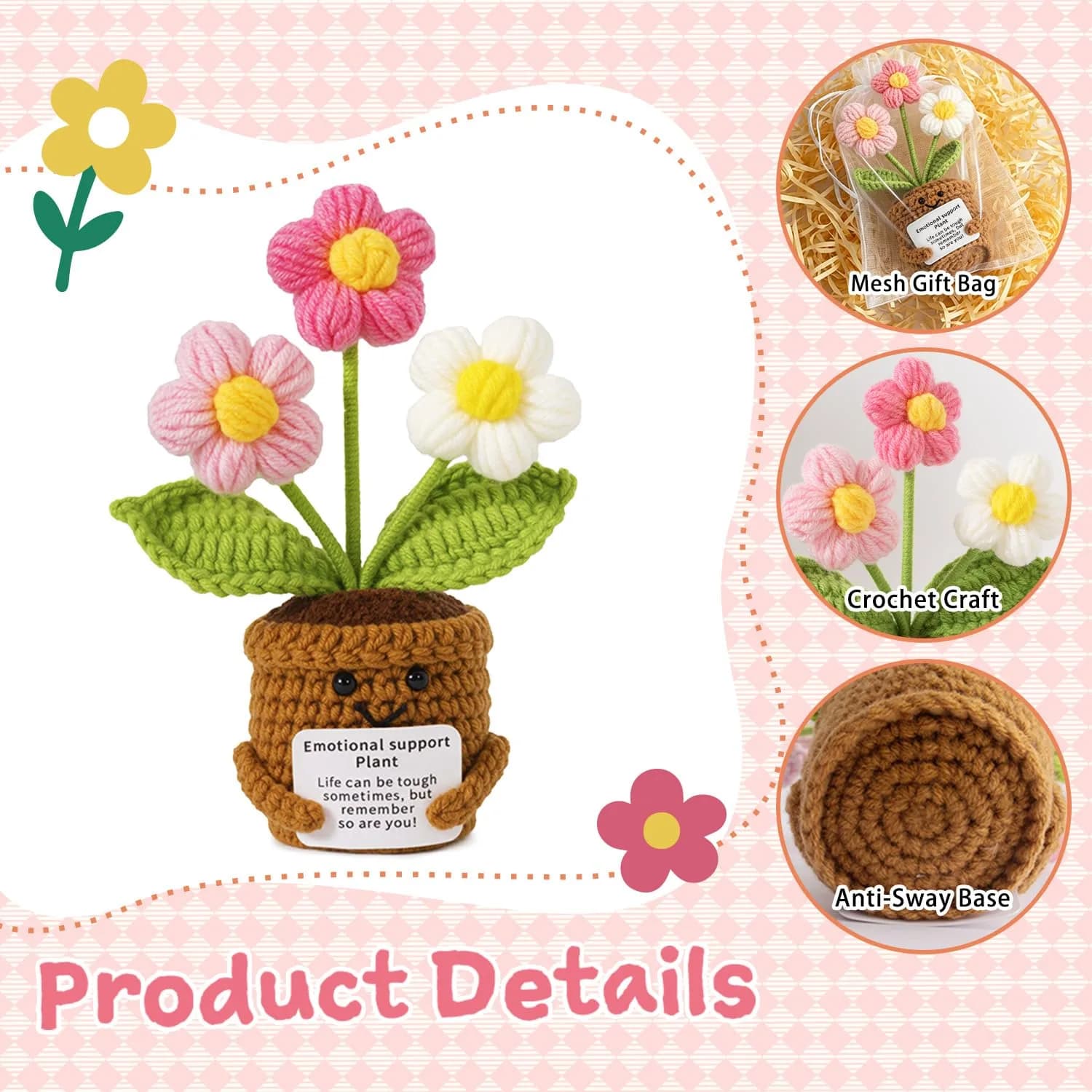 MS ZHENQIAO Emotional Support Crochet Plant Doll with Positive Card, Handmade Funny Knitting Toy Decor - view 3