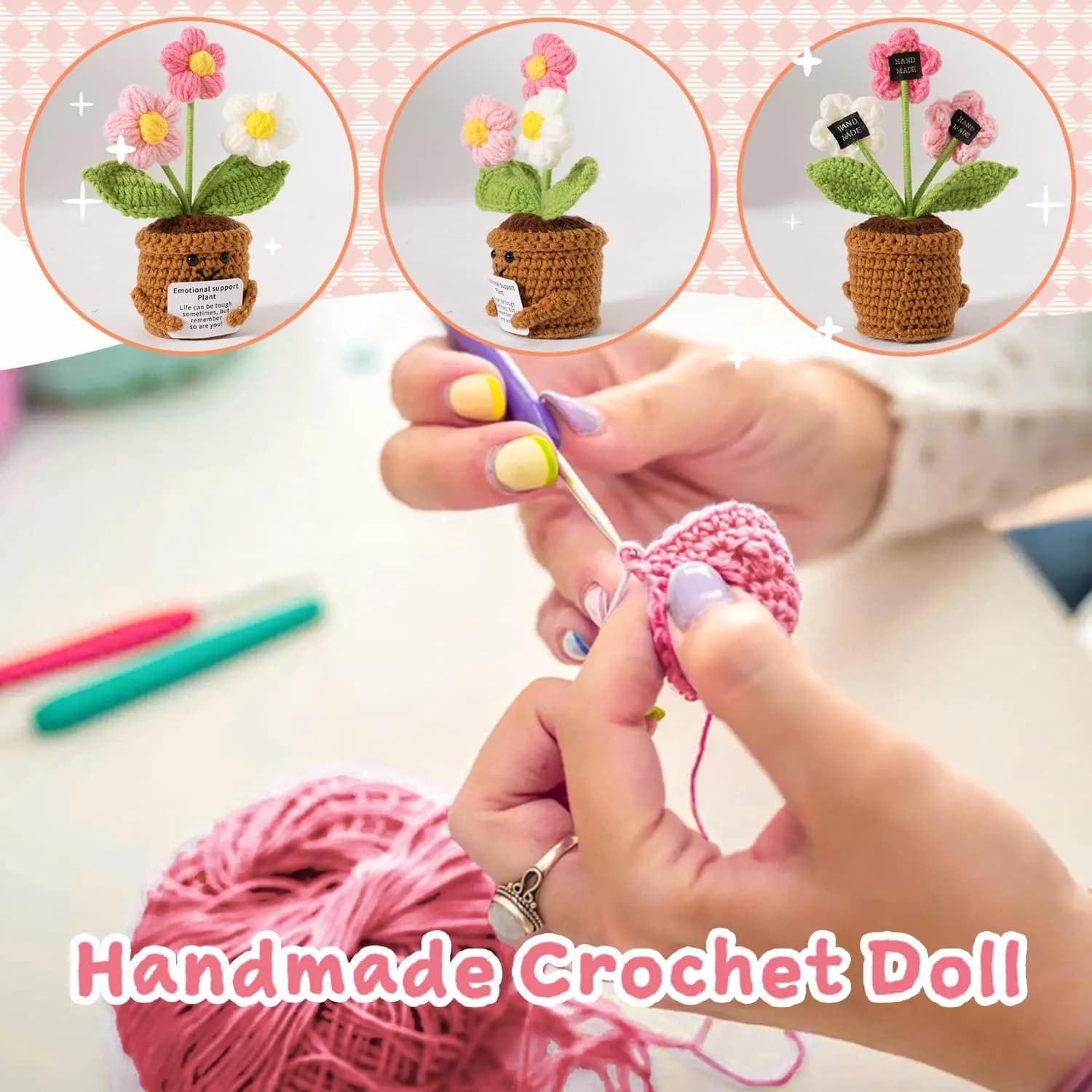 MS ZHENQIAO Emotional Support Crochet Plant Doll with Positive Card, Handmade Funny Knitting Toy Decor - view 4