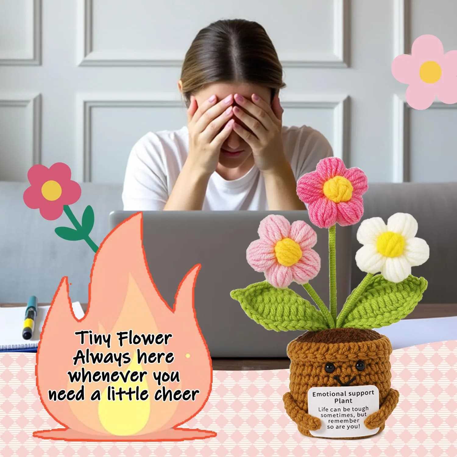 MS ZHENQIAO Emotional Support Crochet Plant Doll with Positive Card, Handmade Funny Knitting Toy Decor - view 5