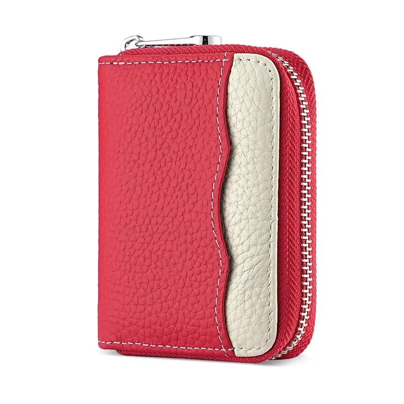 Linno RFID Genuine Leather Credit Card Holder Small Wallet with Zipper - New Red, 20 Slots - main product image