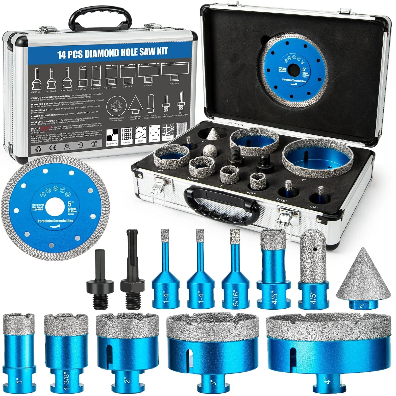 Semderm 14 PCS Superior Diamond Hole Saw Set for Glass, Tile, Stone, Granite - main product image