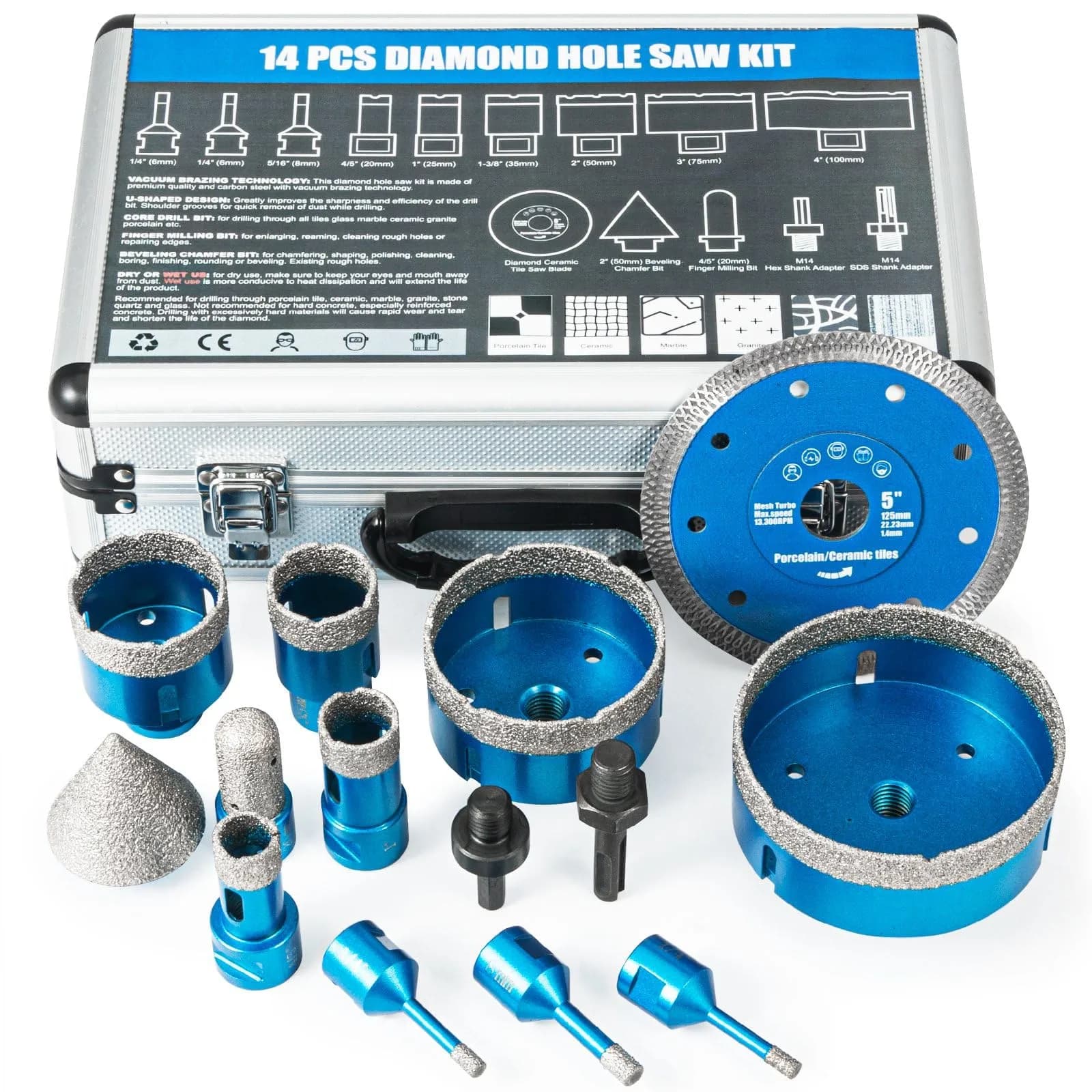 Semderm Diamond Tile Hole Saw Kit 14 PCS Set 6-100mm | Precision Cutting for Tile, Ceramic, Porcelain, Marble - view 8