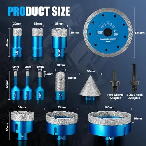 Semderm Diamond Tile Hole Saw Kit 14 PCS Set 6-100mm | Precision Cutting for Tile, Ceramic, Porcelain, Marble thumbnail 2