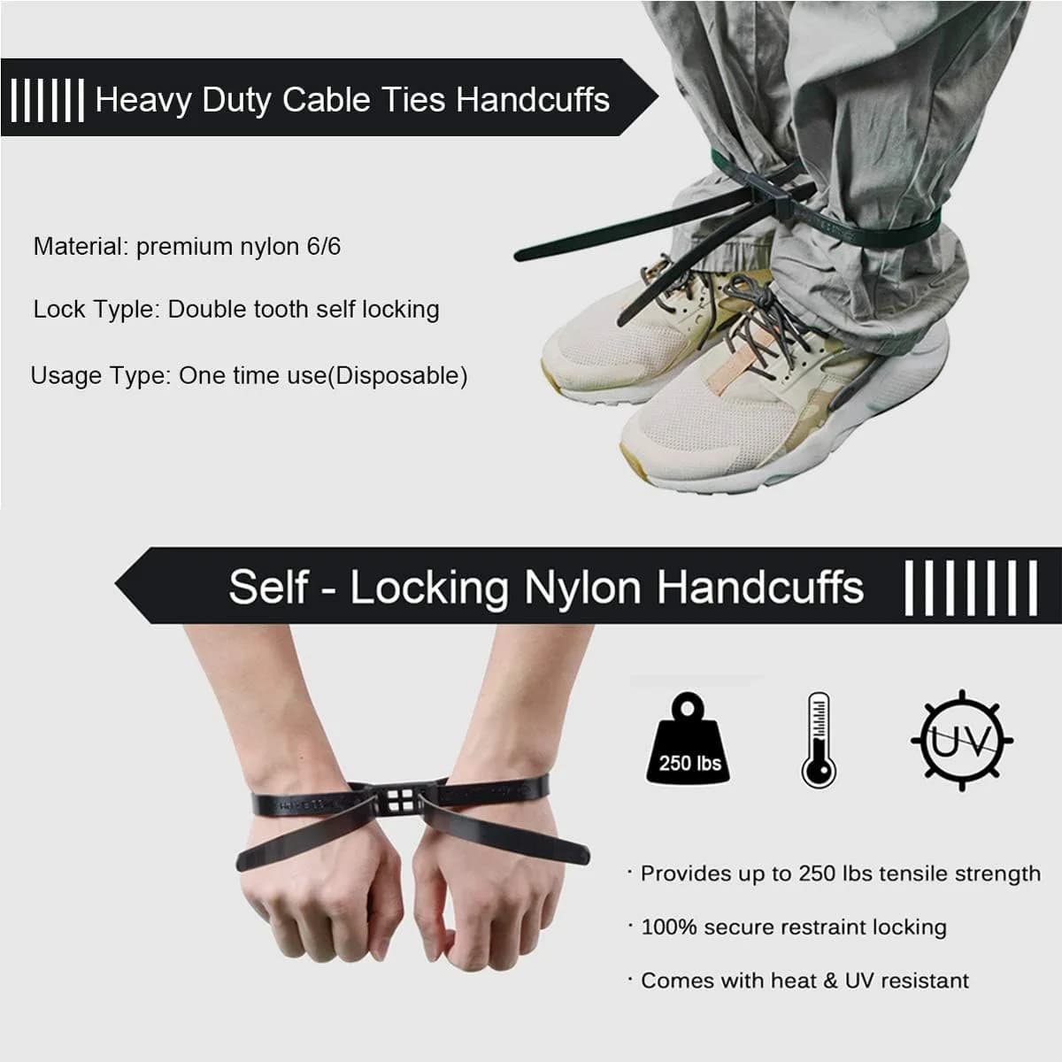 VAMRONE Black 20Pcs Heavy Duty Zip Tie Handcuffs Restraint 87.4 cm (35.4 inches) | Double Lock Nylon Cuffs with UV & Heat Resistance - view 3