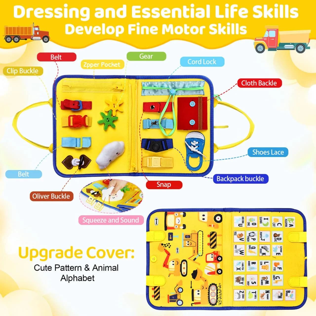 Esjay Toddler Busy Board Montessori Toy with Yellow Truck Pattern, 8 Pages of Activities | USA Imported Educational Learning Toy - view 2