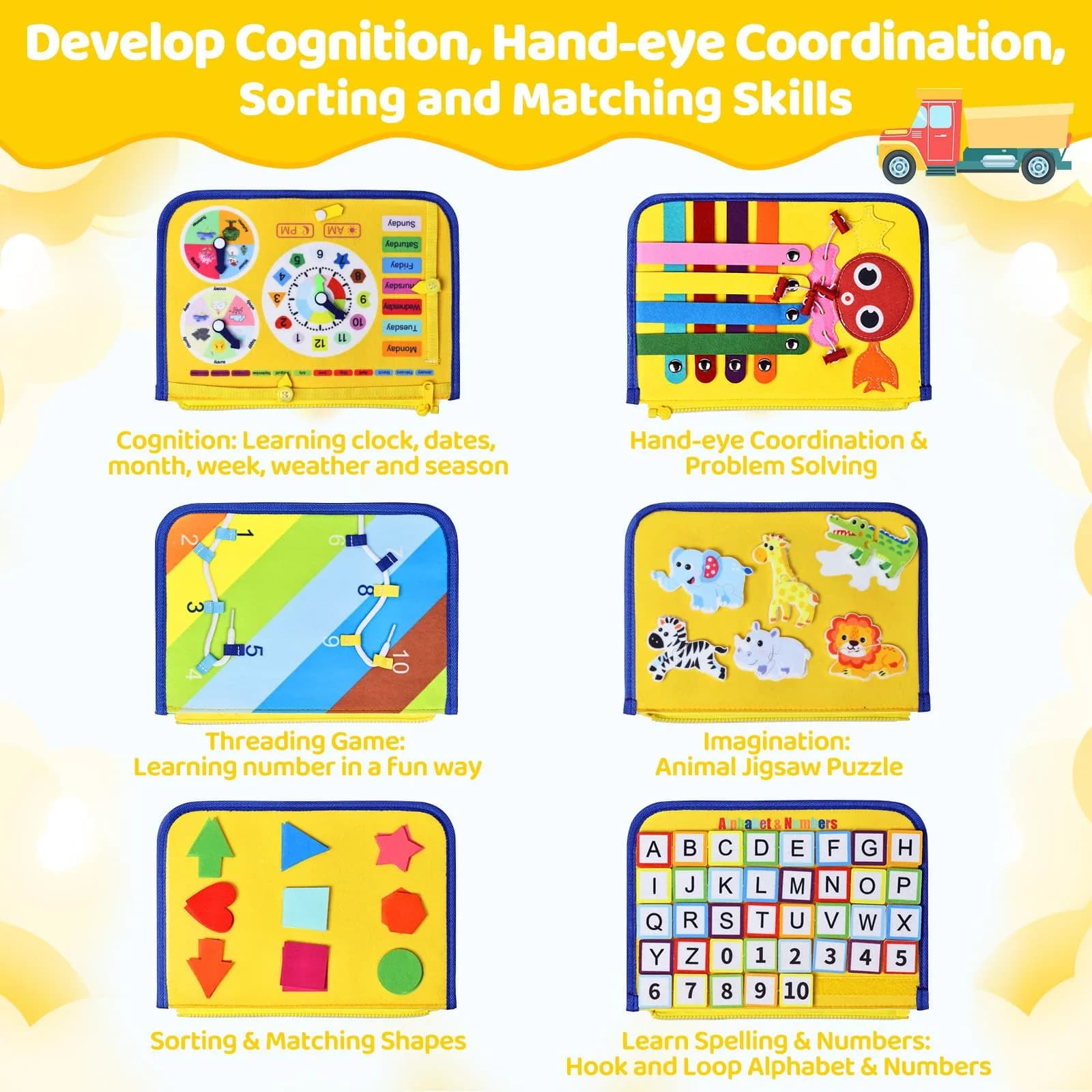 Esjay Toddler Busy Board Montessori Toy with Yellow Truck Pattern, 8 Pages of Activities | USA Imported Educational Learning Toy - view 3