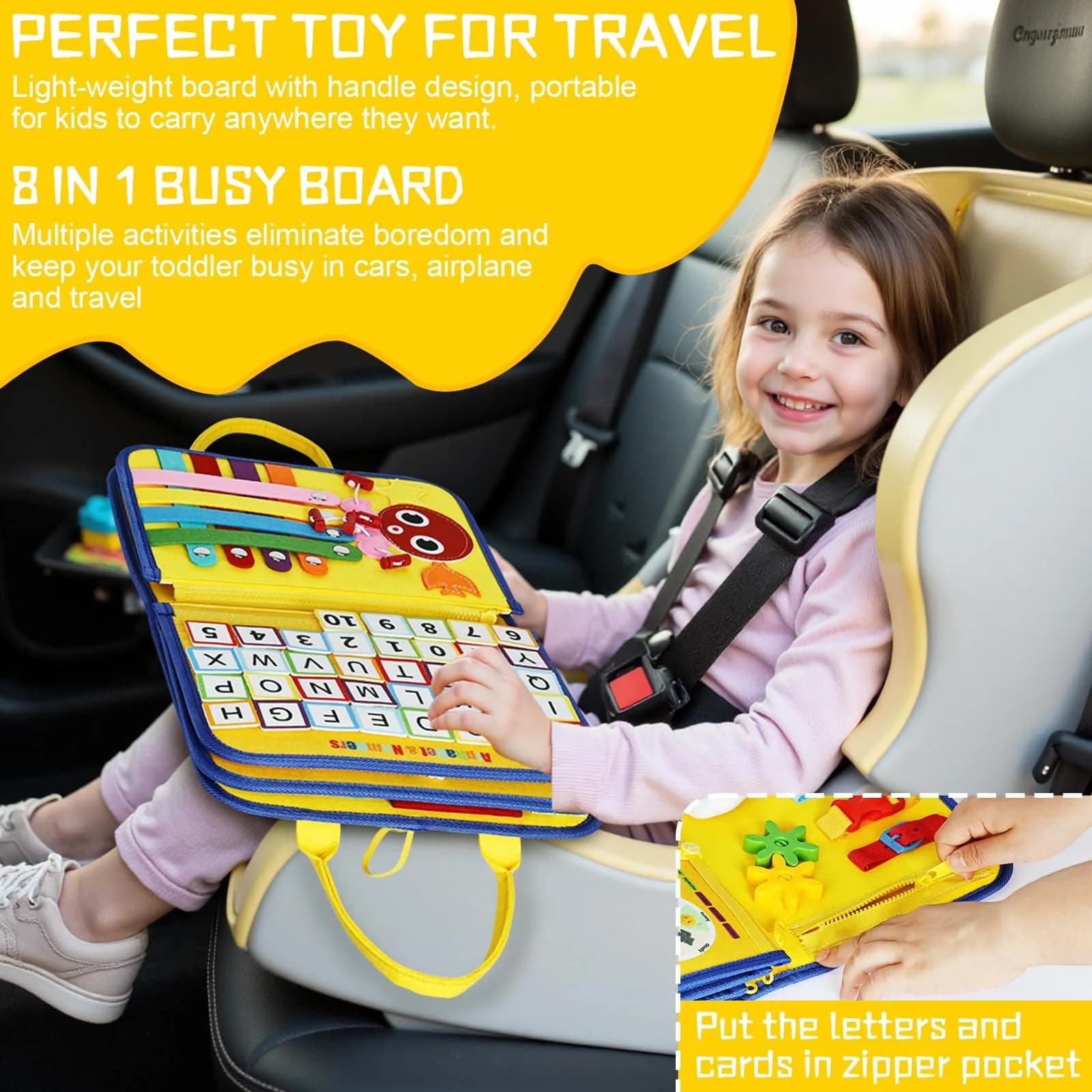 Esjay Toddler Busy Board Montessori Toy with Yellow Truck Pattern, 8 Pages of Activities | USA Imported Educational Learning Toy - view 4