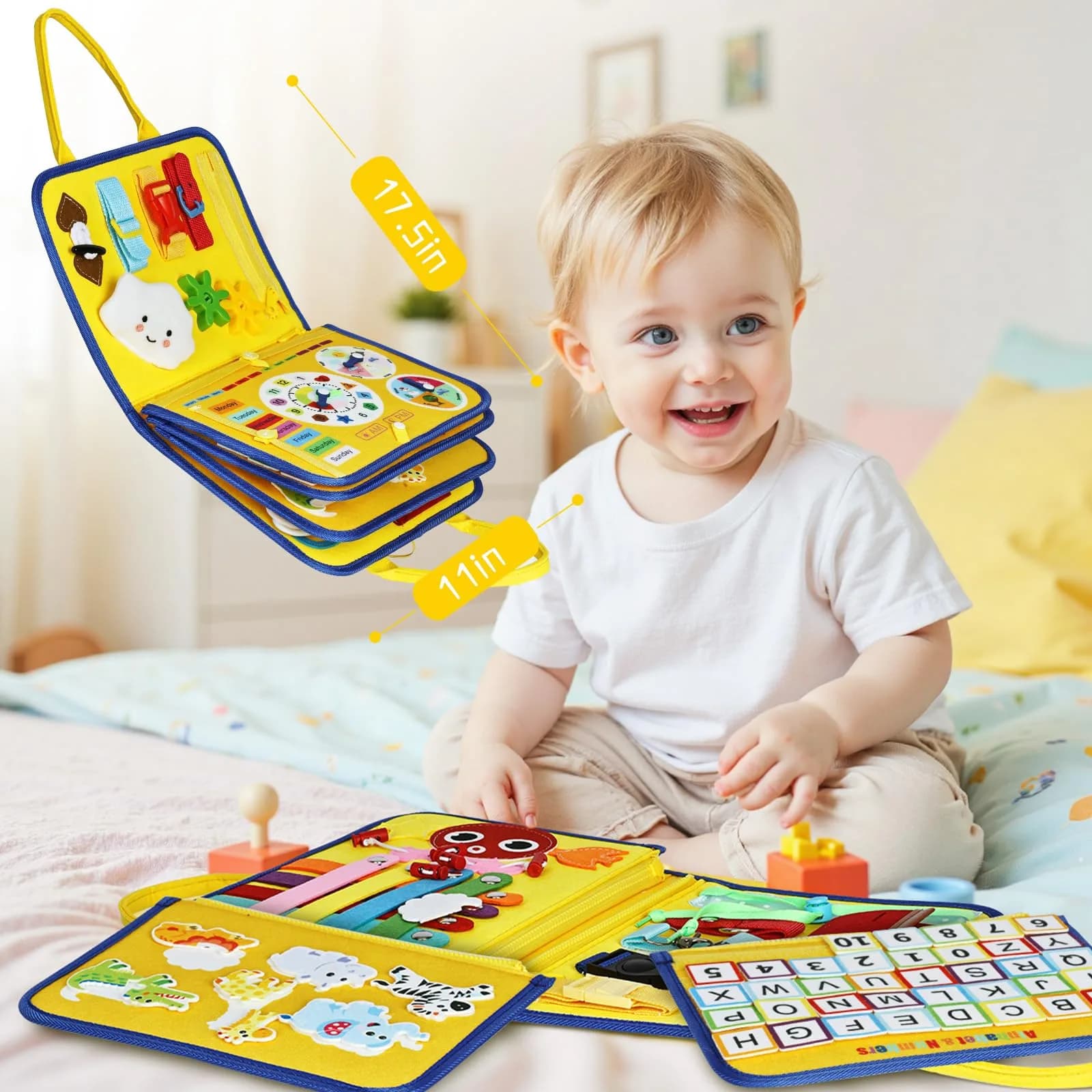 Esjay Toddler Busy Board Montessori Toy with Yellow Truck Pattern, 8 Pages of Activities | USA Imported Educational Learning Toy - view 5