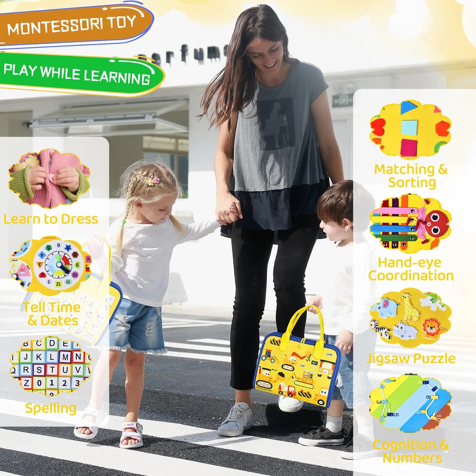 Esjay Toddler Busy Board Montessori Toy with Yellow Truck Pattern, 8 Pages of Activities | USA Imported Educational Learning Toy - view 6
