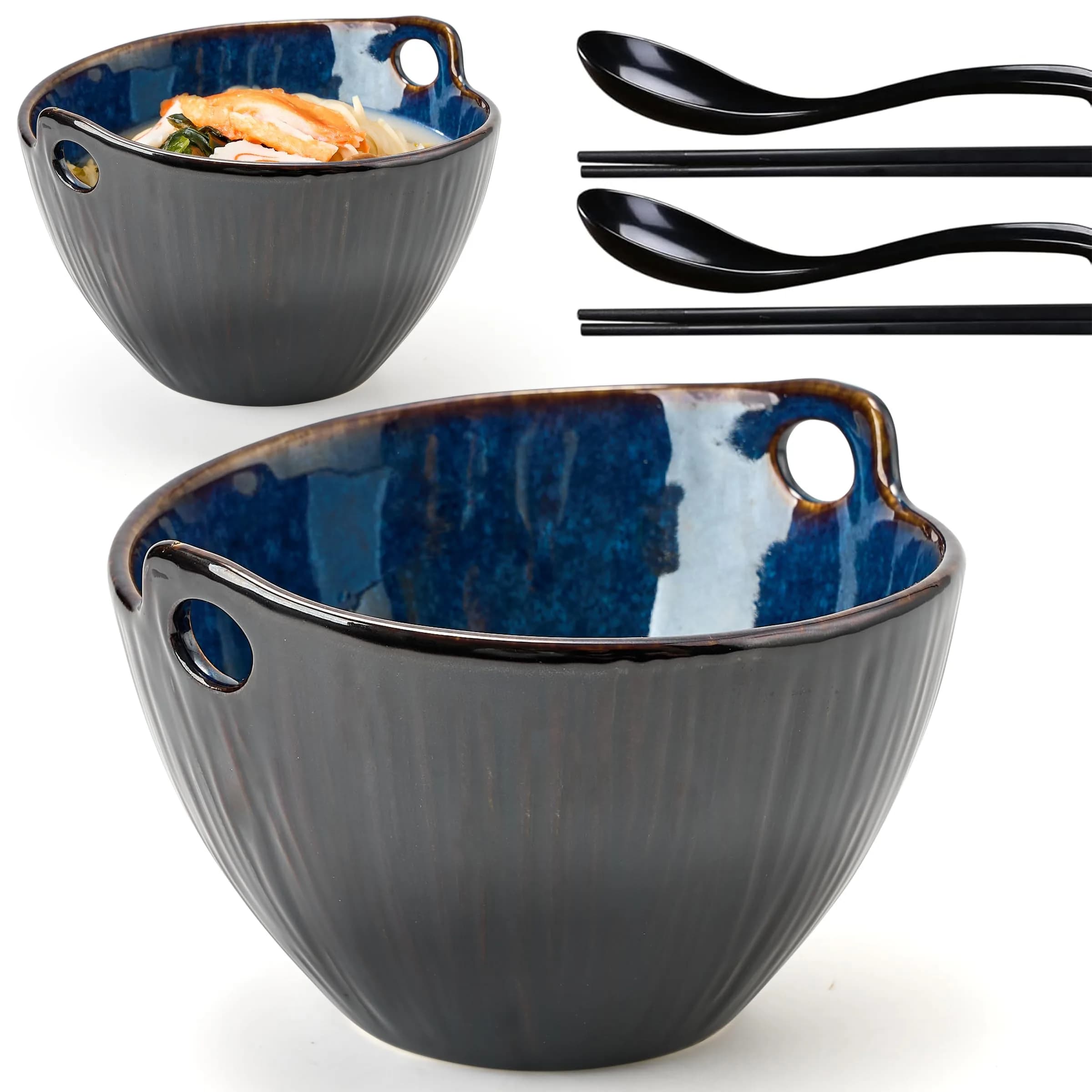 JH JIEMEI HOME Ramen Bowl with Chopsticks & Spoons, 7 Inch Ceramic Set of 2 | Dishwasher Safe for Pho, Udon, Soba, Salad, Pasta — Midnight Tide - main product image
