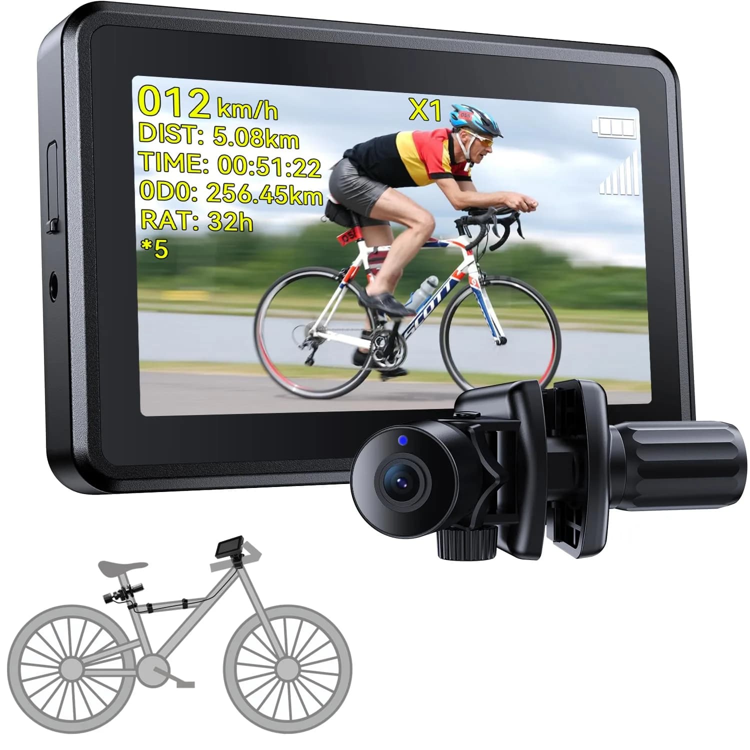 FEISIKE Bike Camera with 4.3" Display & Cyclocomputer | 145° Wide-Angle Night Vision Rearview Mirror for Safer Rides — B-Black