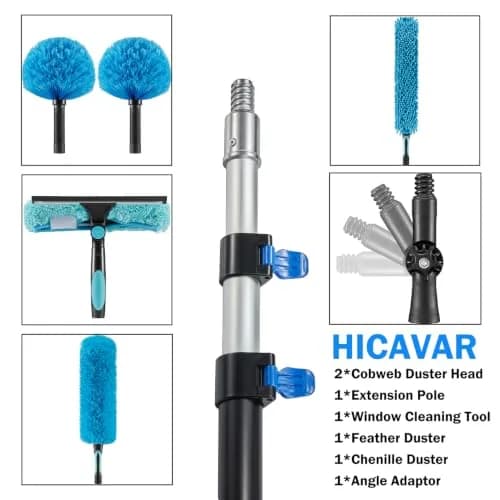 Hicavar Extendable Feather Duster with 6-24ft (7.3m) Telescopic Pole | Cobweb & Ceiling Fan Cleaner Kit thumbnail 4