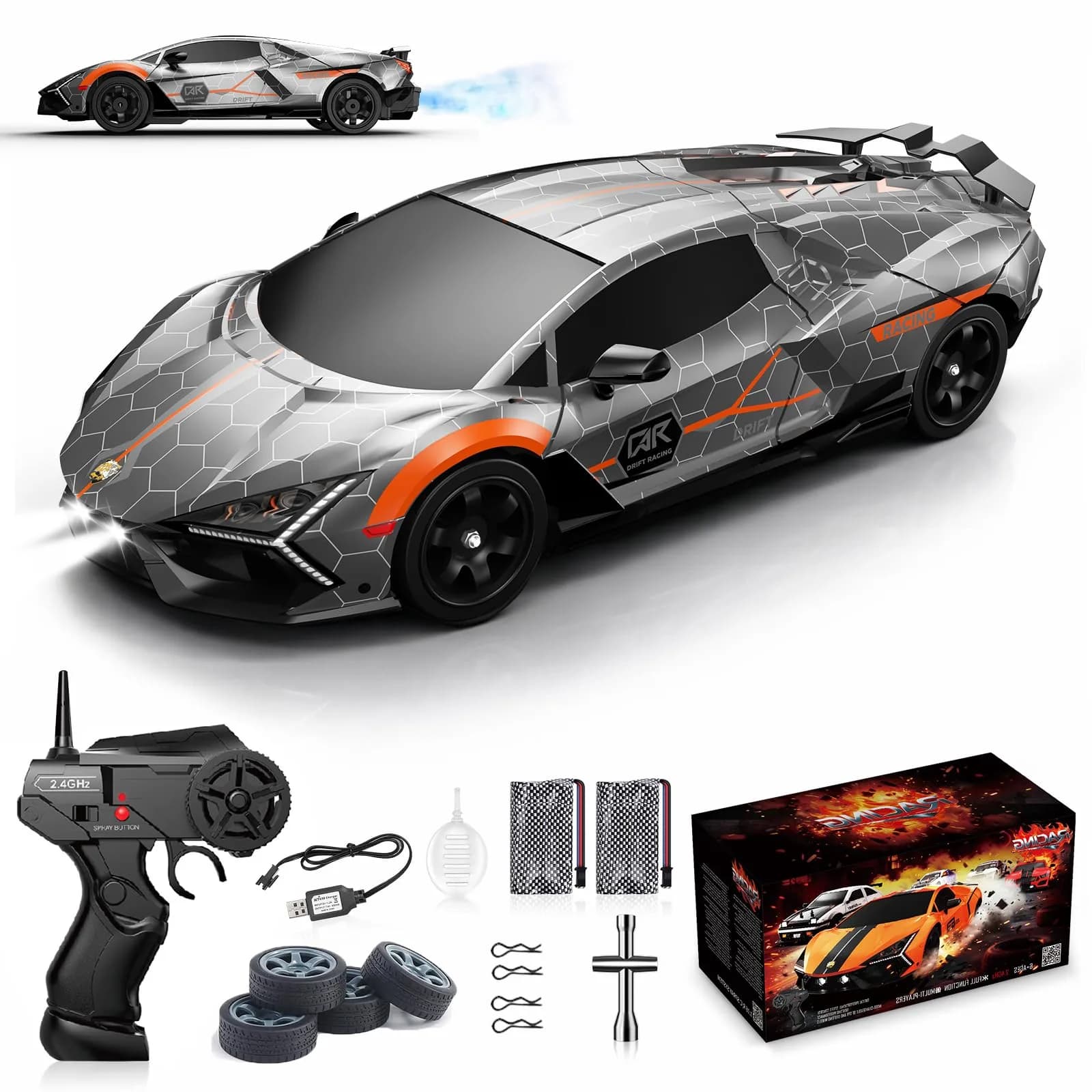 Desdoni 1:16 Scale Silver RC Drift Car | 4WD 18KM/H High Speed with LED Lights & Spray - main product image