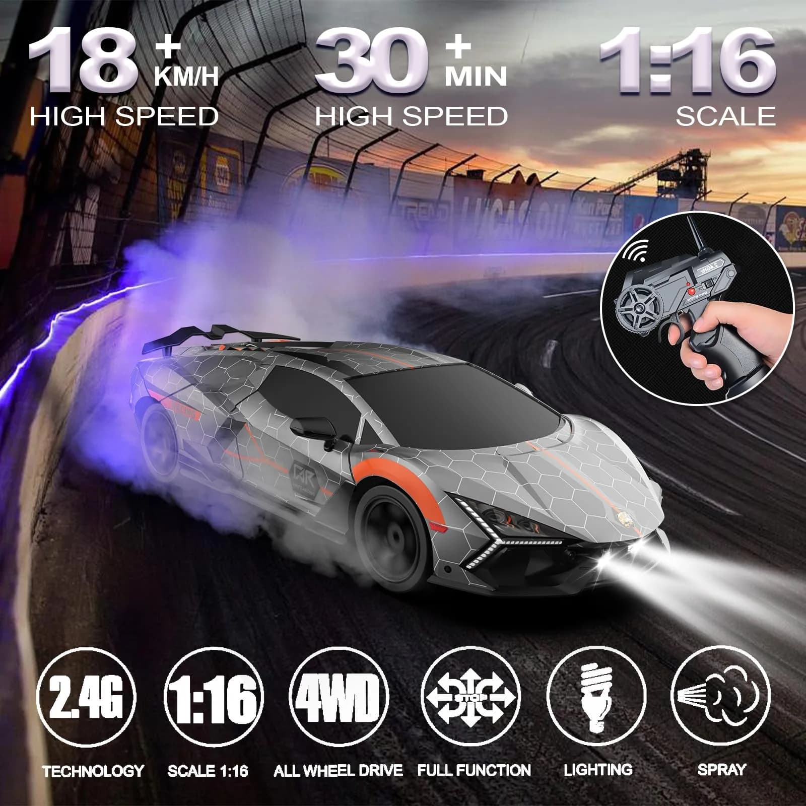 Desdoni 1:16 Scale Silver RC Drift Car | 4WD 18KM/H High Speed with LED Lights & Spray - view 2