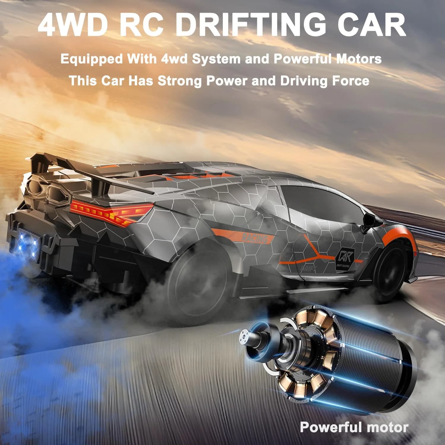 Desdoni 1:16 Scale Silver RC Drift Car | 4WD 18KM/H High Speed with LED Lights & Spray - view 3