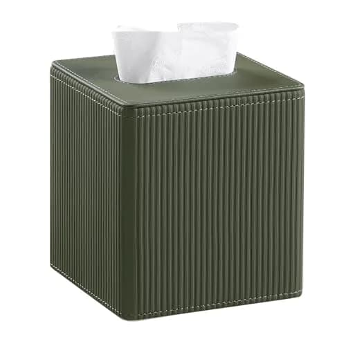 Cretkhp PU Leather Square Tissue Box Cover Green | Modern Decorative Holder for Bathroom, Office, Desk thumbnail 1