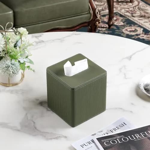 Cretkhp PU Leather Square Tissue Box Cover Green | Modern Decorative Holder for Bathroom, Office, Desk thumbnail 6