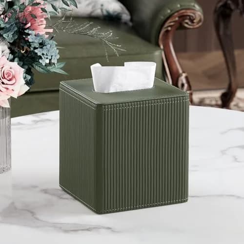 Cretkhp PU Leather Square Tissue Box Cover Green | Modern Decorative Holder for Bathroom, Office, Desk thumbnail 2