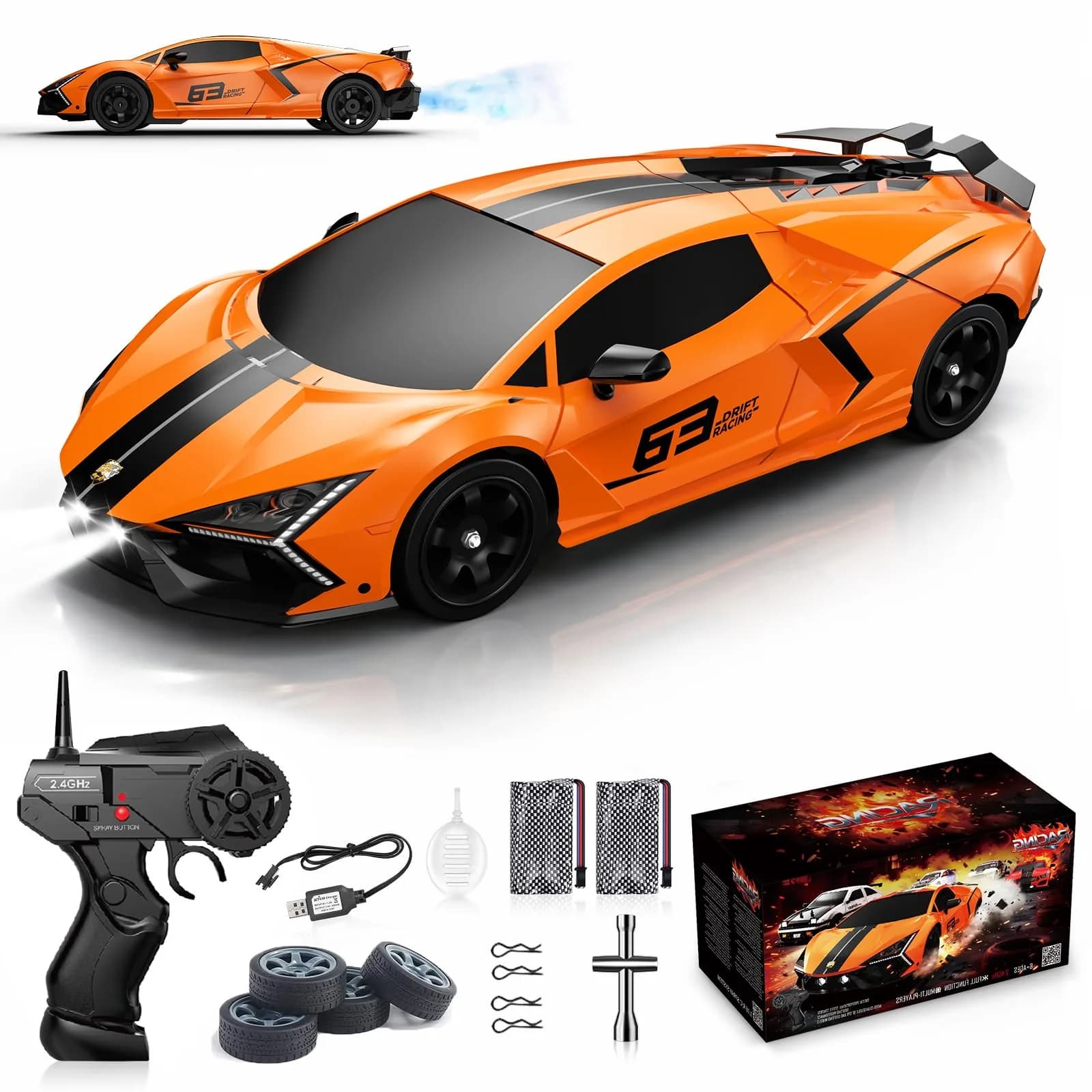Desdoni 1:16 Scale Orange RC Drift Car | 4WD 18KM/H High Speed with LED Lights & Spray - main product image