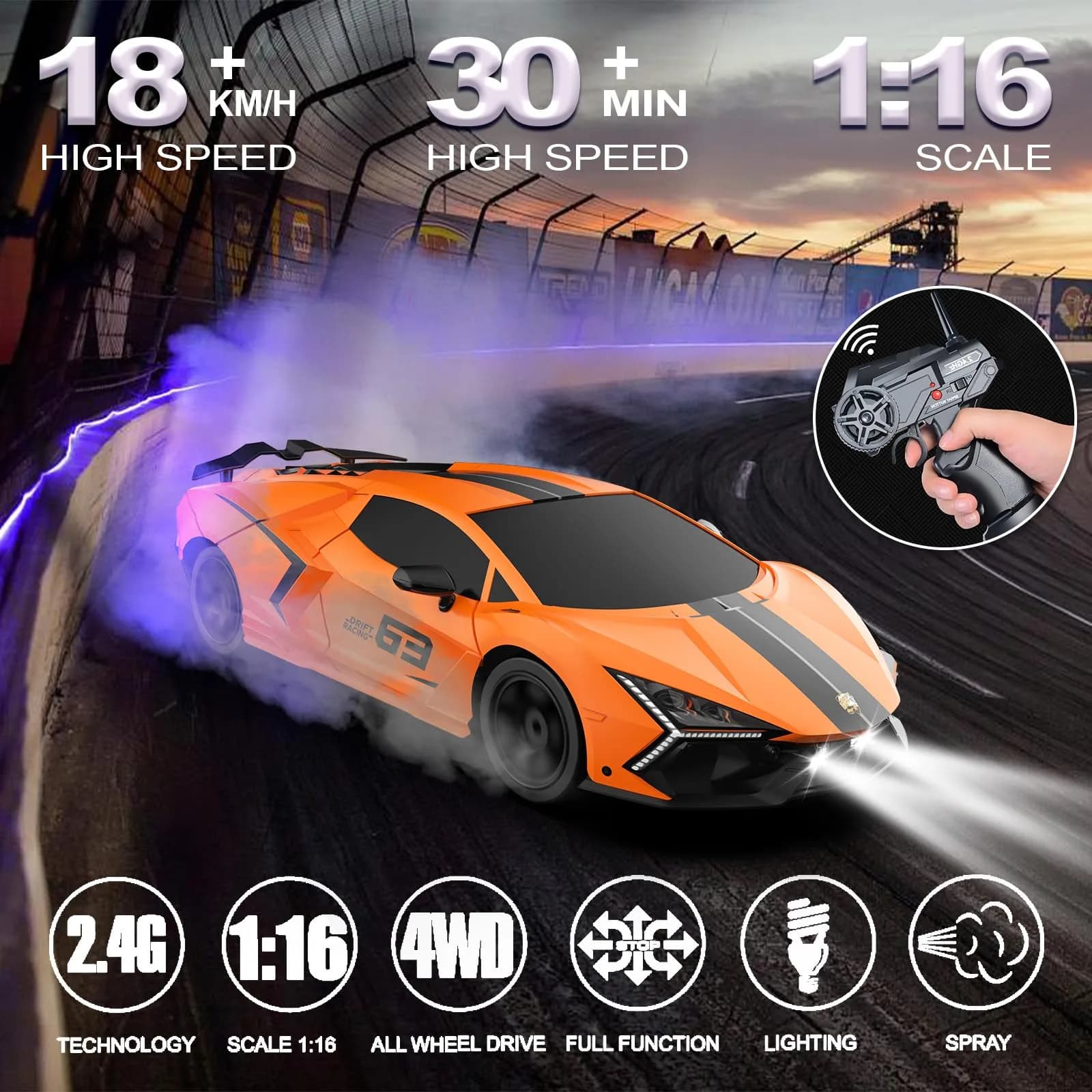 Desdoni 1:16 Scale Orange RC Drift Car | 4WD 18KM/H High Speed with LED Lights & Spray - view 2