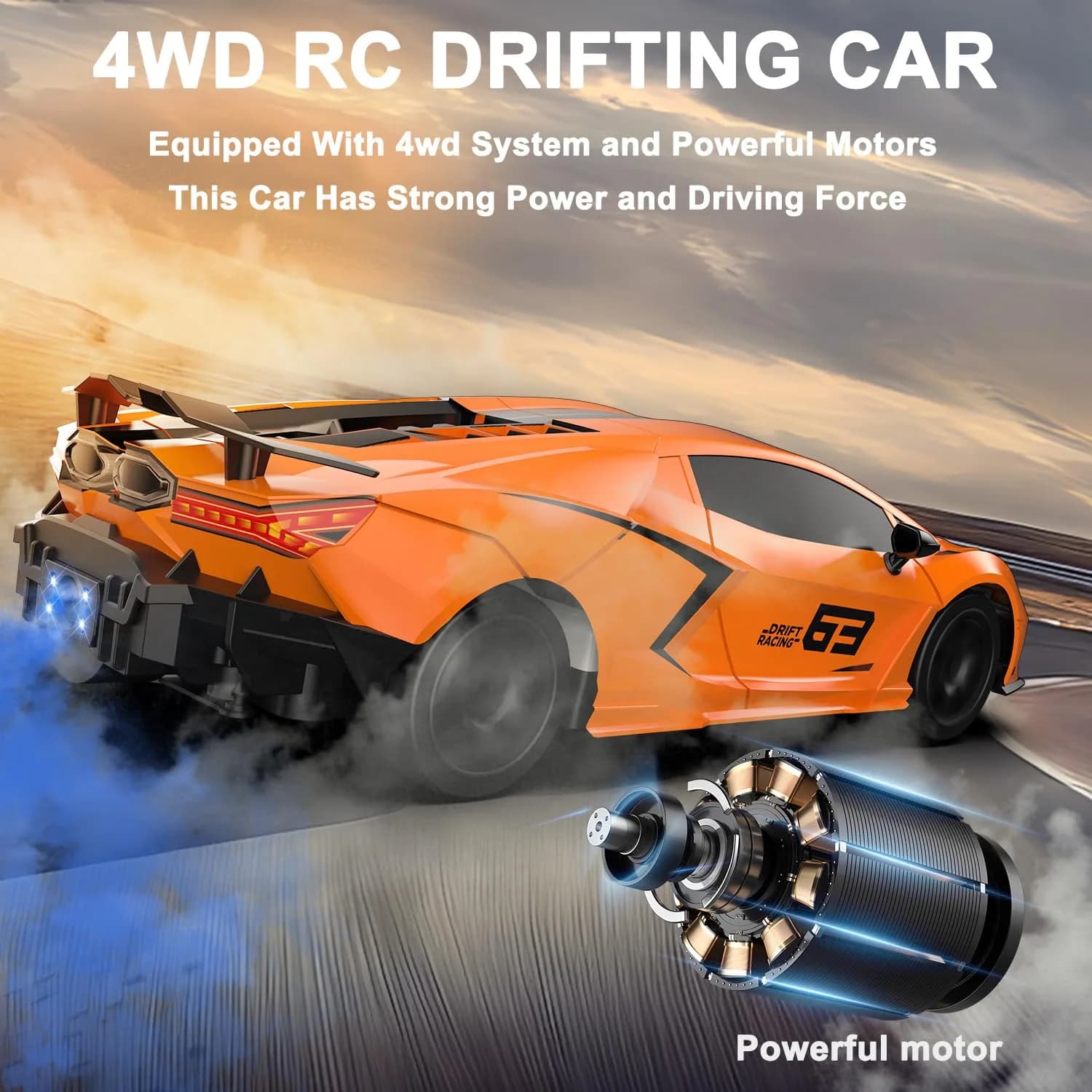 Desdoni 1:16 Scale Orange RC Drift Car | 4WD 18KM/H High Speed with LED Lights & Spray - view 3