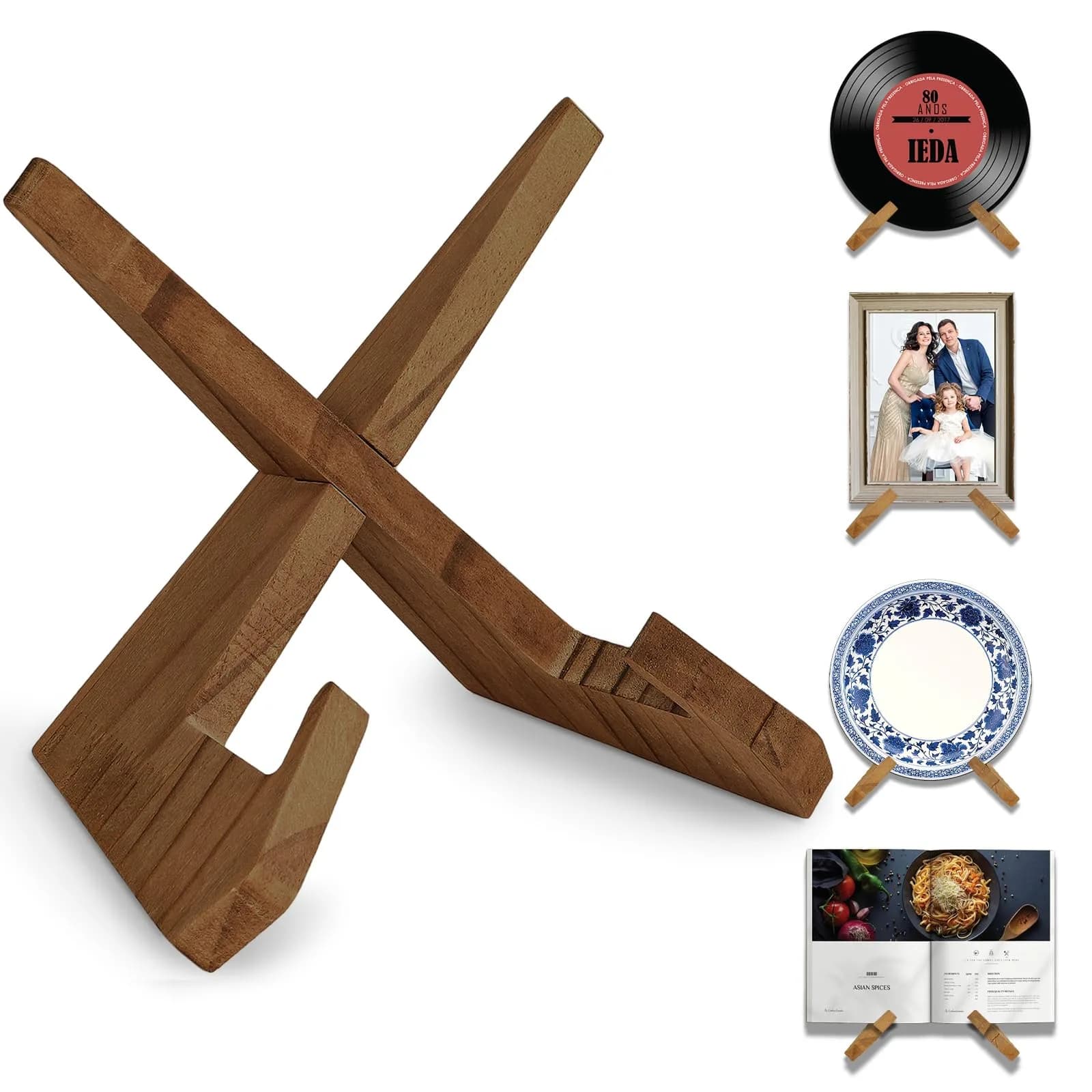 KINYFY Wooden Vinyl Record Stand, Plate Holder Display Stand 24 cm (9.5 in) | Vintage Style for Books & Photos — Brown