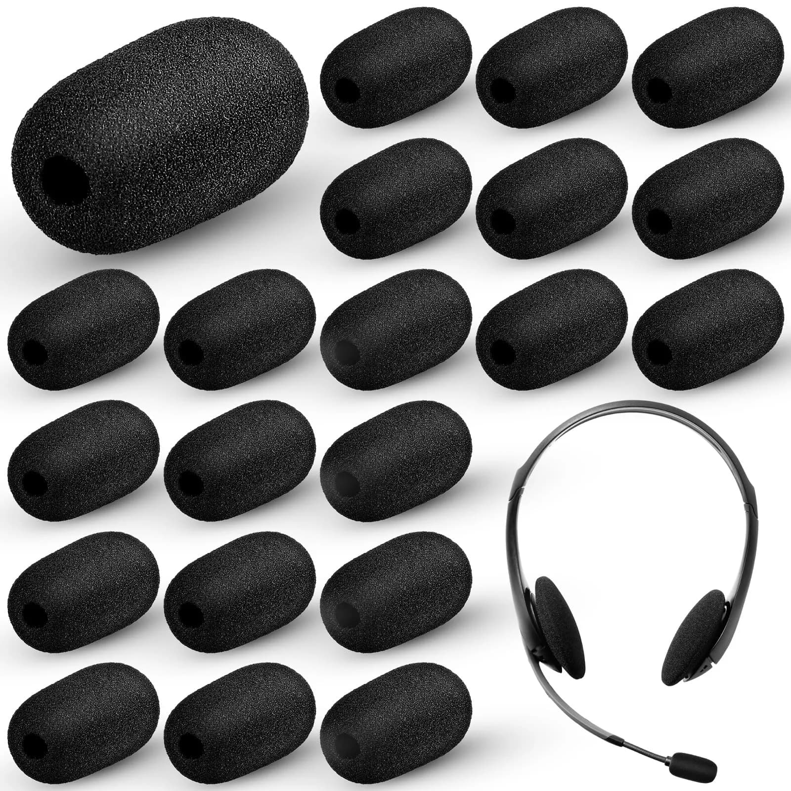 Innconee Mini Mic Foam Windscreen Covers 20 Pcs Skin Color | Noise Reduction for Headset Microphones — Black / 0.2*1.4 in