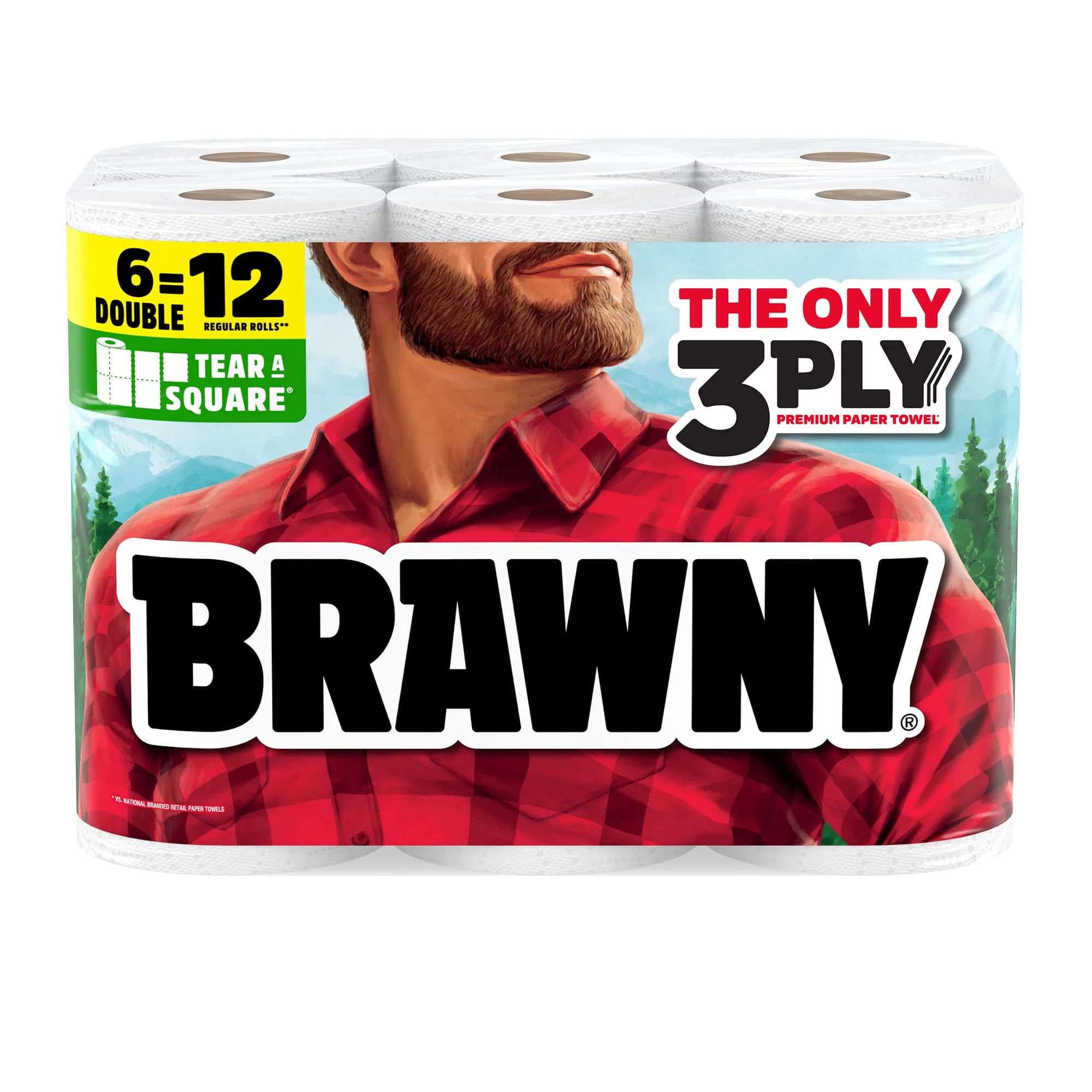 Brawny Tear-A-Square 3-Ply Paper Towels, 6 Double Rolls = 12 Regular Rolls | Strong, Absorbent, Eco-Friendly - main product image