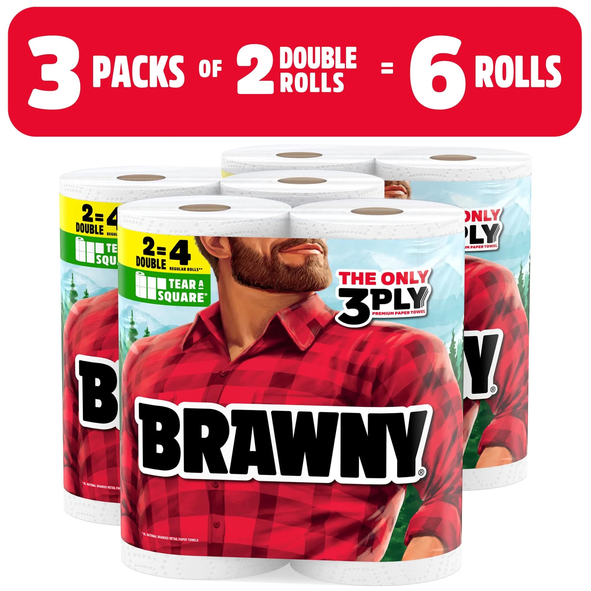 Brawny Tear-A-Square 3-Ply Paper Towels, 6 Double Rolls = 12 Regular Rolls | Strong, Absorbent, Eco-Friendly - view 2