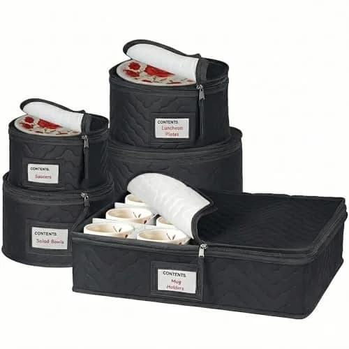 HOLDN’ STORAGE 5-Piece China Storage Set for 12 Place Settings | Quilted Microfiber with Dividers — Black