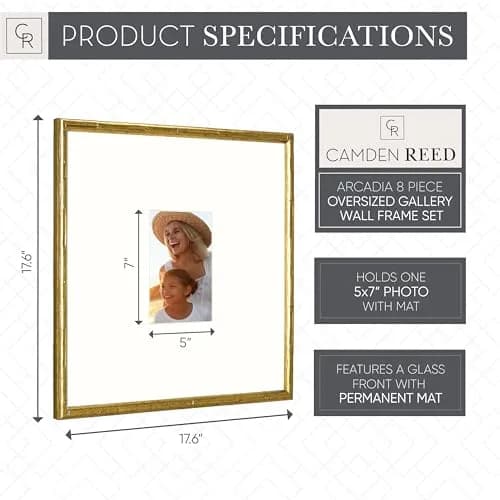 Camden Reed Arcadia Gallery Wall Frame Set, 16x20 and 16x16 Inch Matted Frames, 8 Piece, Antique Gold thumbnail 3