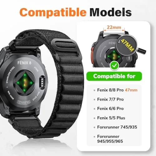 NotoCity Alpine Loop Nylon Watch Band Compatible with Garmin Fenix 8/7/6/5 Series 47mm, Quickfit 22mm Rugged Watch Bands for Epix Gen 2/Fenix 8 Pro/7 Pro/6 Pro/5 Plus/Forerunner 935/S62 (Black) thumbnail 2