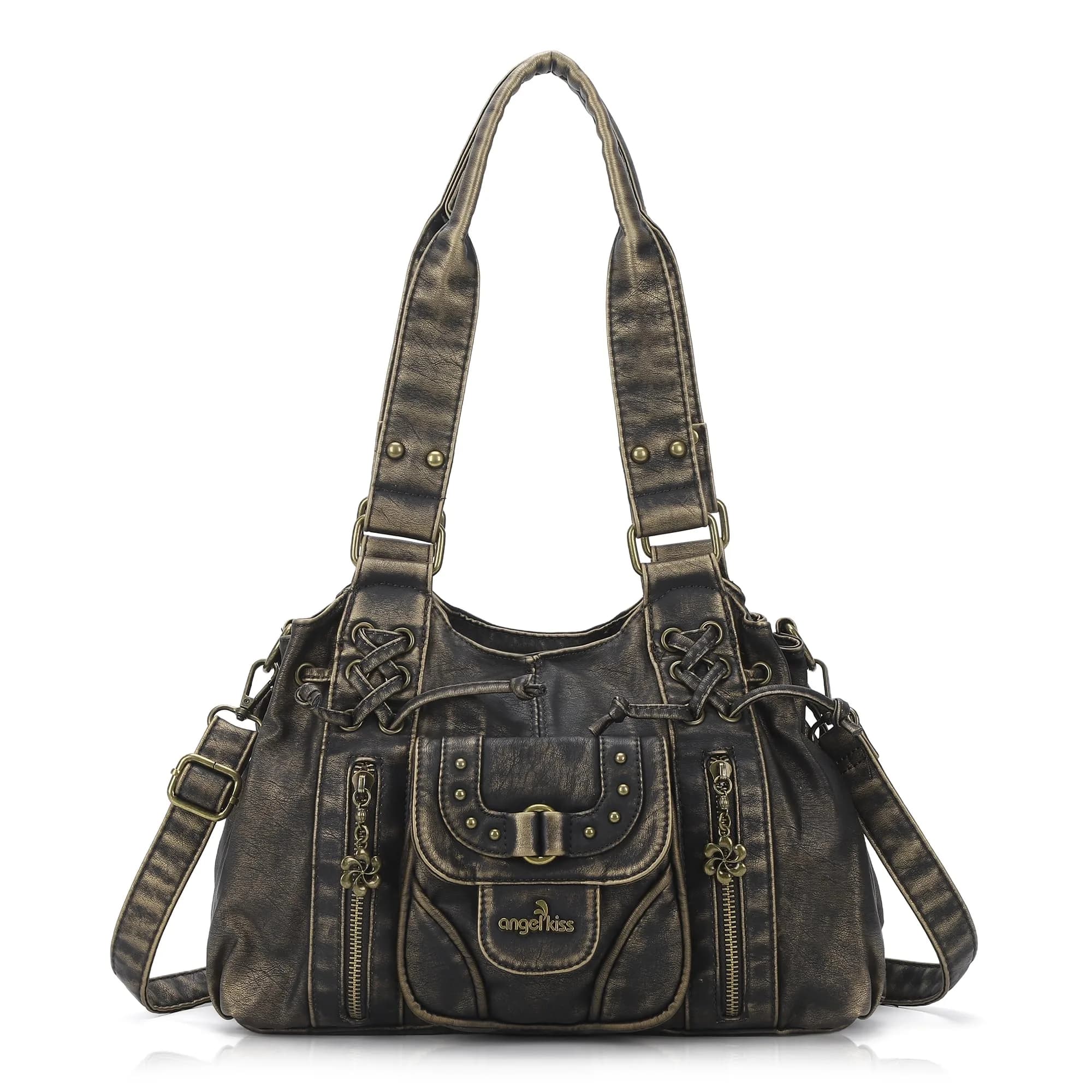 Angel Kiss Small Hobo Bag for Women Retro Washed Leather Shoulder Handbag Roomy Top Handles with Removable Strap | Vintage Chic & Practical - main product image