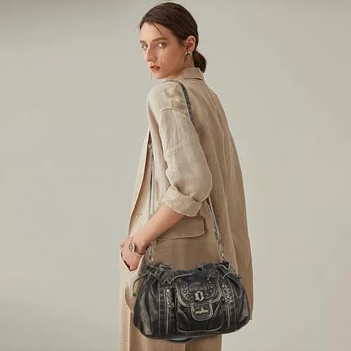 Angel Kiss Small Hobo Bag for Women Retro Washed Leather Shoulder Handbag Roomy Top Handles with Removable Strap | Vintage Chic & Practical thumbnail 8