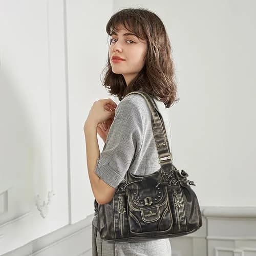 Angel Kiss Small Hobo Bag for Women Retro Washed Leather Shoulder Handbag Roomy Top Handles with Removable Strap | Vintage Chic & Practical thumbnail 2