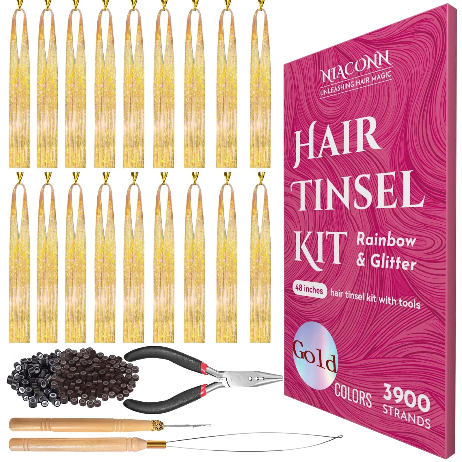 NIACONN Gold Fairy Hair Tinsel Kit Girls Glitter Hair Extension | 48 Inch Heat-Resistant Sparkle