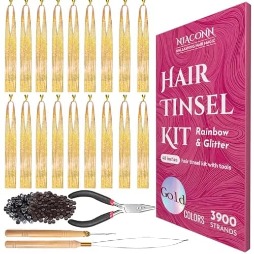 NIACONN Gold Fairy Hair Tinsel Kit Girls Glitter Hair Extension | 48 Inch Heat-Resistant Sparkle thumbnail 1