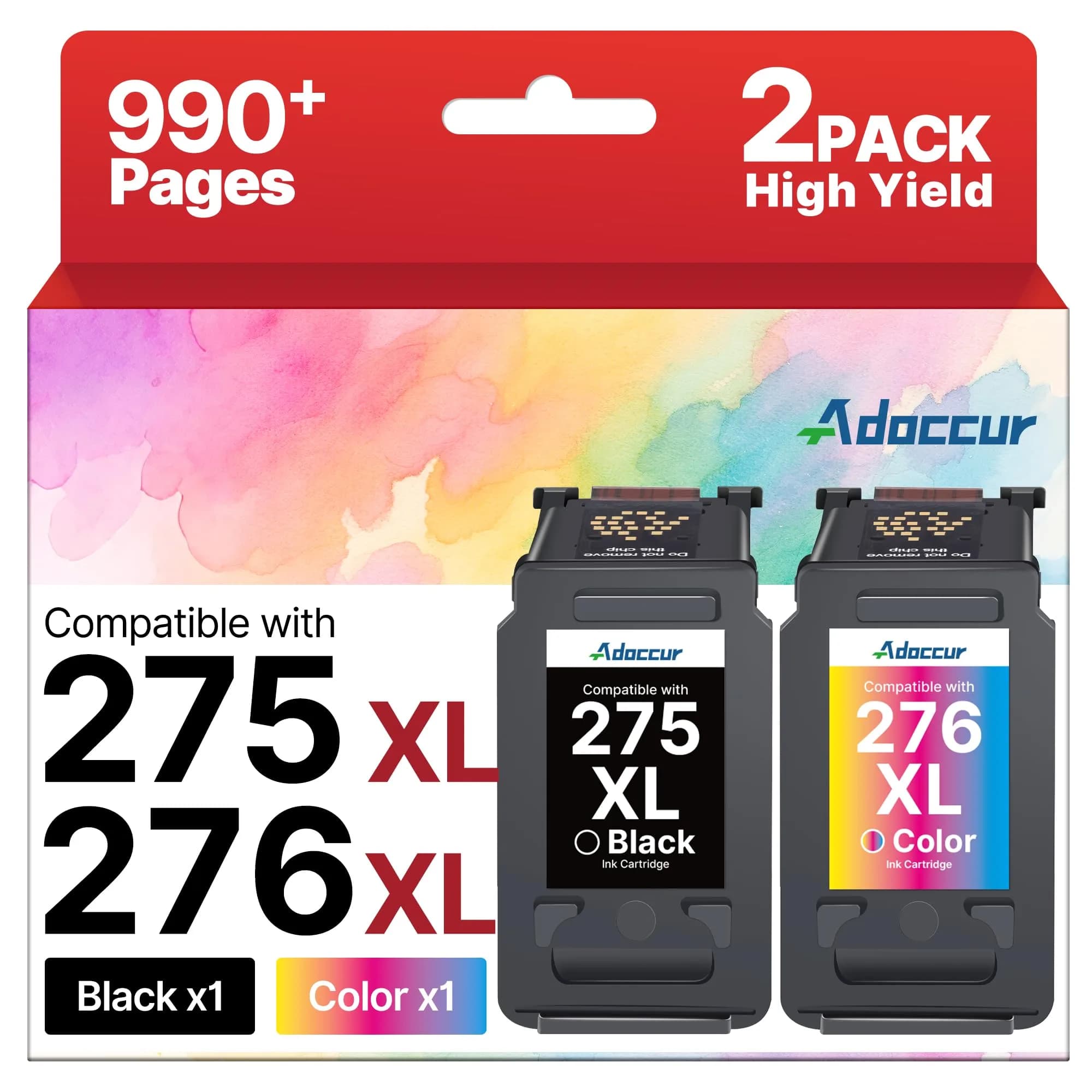 Adoccur Black Inkjet Printer Ink 275XL & 276XL | High Yield Compatible Cartridges for Canon PIXMA (2 Pack) — 275xl Black, 276xl Tri-color